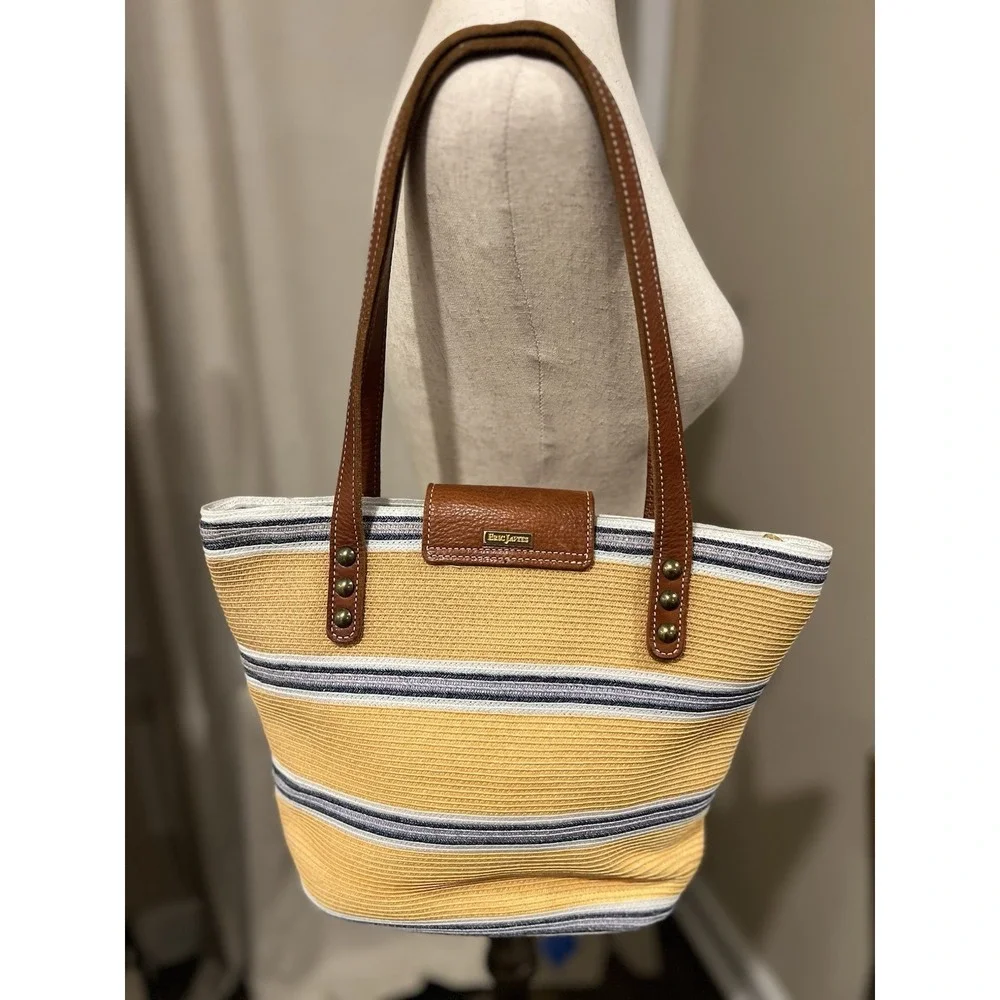 Eric Javitz Hand Bag Woven Canvass With Leather Brass Hardware‎